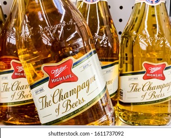 Marinette, WI/ USA - Dec 5, 2019: Miller High Life Beer Champagne Bottle 2018 in Walmart. Products of the Miller Brewing Company.