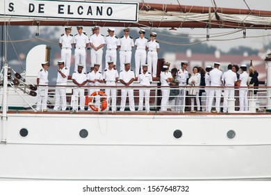 Marin,Spain.Midshipmen On The Spanish Navy School Ship Juan Sebastián Elcano On July 14,2019