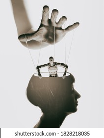 Marionette In Human Head. Concept Of Mind Control. Image