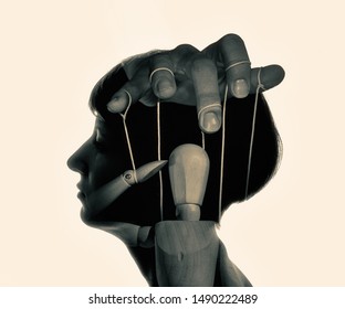 Marionette In Woman Head, Black And White. Concept Of Mind Control. Image