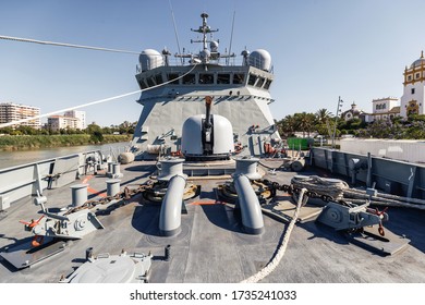 Maritime Action Warship. Naval Artillery Mounted On The Deck. Front View.