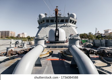 Maritime Action Warship. Naval Artillery Mounted On The Deck. View From Bow.