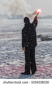 Maritime Distress Flare Fired On A Training Session