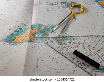 Maritime Map Of Guernsey With Brass Maritime Circle 