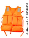 Maritime safety equipment, floatation device and water activities concept with an orange life jacket isolated on white background with a clip path cut out