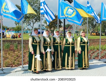 MARIUPOL, UKRAINE-SEPT 25: Group of women participants of Greek community Ethnic Festival Mega Yorty in Greek National costume September 25, 2021 in Mariupol,Ukraine