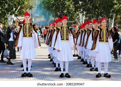 MARIUPOL, UKRAINE-SEPT 25:Soldiers in Greek National Guard costume at Greek community Ethnic Festival September 25, 2021 in Mariupol,Ukraine