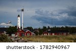 Marjaniemi lighthouse with red cabins and antenna 7/24/2020