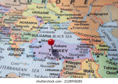 Mark Ankara,capital of TURKEY on the world map with a red pin. Selective focus on the city or country name.  Europe Region.travel and news event concepts. - Shutterstock ID 2128958285
