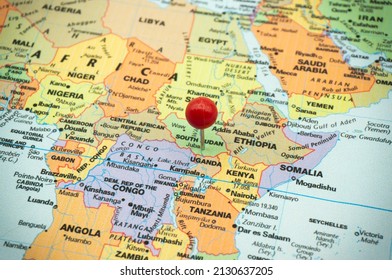 Mark Juba,capital of South SUDAN on the world map with a red pin. Selective focus on the city or country name. Africa Region.travel and news event concepts.
