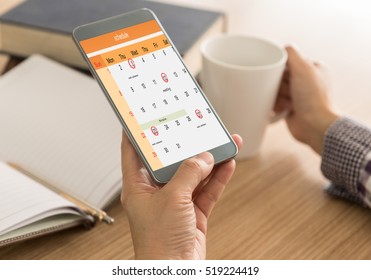 The Mark On Your Smart Phone Schedule On The Calendar As Reminders Of Important Dates Or To Schedule A Meeting Or Event. Remind Concept.