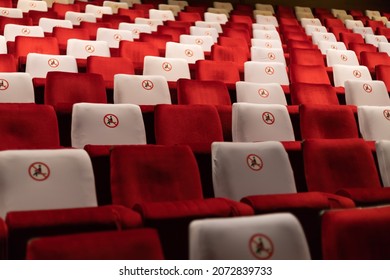 Marked seats in the audience of the theater hall during the pandemic.