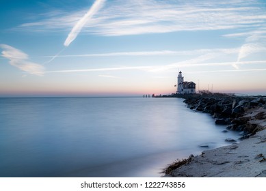 Marken, The Netherlands, October 3, 2018. The Paard Van Marken (Horse Of Marken), A Lighthouse On The Dutch Peninsula Marken Built In 1839 By J. Valk. A Rijksmonument Since 1970.