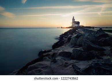 Marken, The Netherlands, October 3, 2018. The Paard Van Marken (Horse Of Marken), A Lighthouse On The Dutch Peninsula Marken Built In 1839 By J. Valk. A Rijksmonument Since 1970.