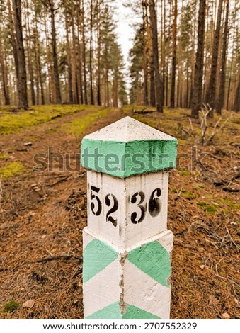 Marker post column of boundary forest quarter. District signpost for trees territory. Sign trail forester or tourists, so as not to get lost in site logging numbers and diagonal lines striped paint