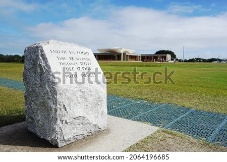 Marker showing the distance of the first successful fight, at the Wright Brothers Memorial National Park in Kill Devil Hills on the Outer Banks of North Carolina                               