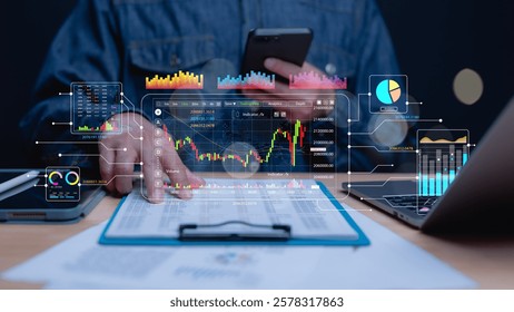 Market Analysis and Trading Insights, Trader analyzes graphs and data on digital devices, modern financial technology for market evaluation and decision-making in dynamic environment - Powered by Shutterstock - Get 15% off with code: PIKWIZARD15