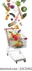 Market assortment. Different products falling into shopping cart on white background - Shutterstock ID 2317245253