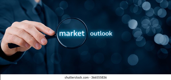 Market Outlook Concept. Businessman Focused On Market Outlook. Wide Banner Composition With Bokeh In Background.
