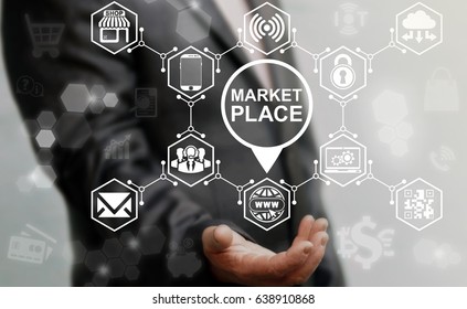 Market Place Concept. Store Location and Navigation. Shopping web computer online business web technology. Man offers marketplace icon on virtual screen. Conceptual internet buy marketing.