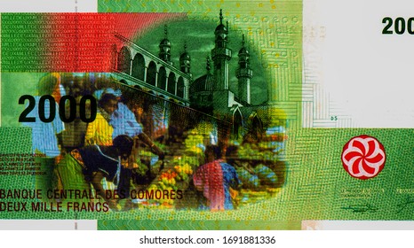 Market Scene, Mosque. Portrait From Comoros 2000 Francs 2005 Banknotes. 