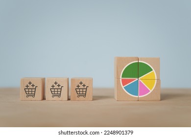 Market share concept. Business strategy to increase sales volume. circle chart and shopping cart with plus on wooden cube block  - Shutterstock ID 2248901379