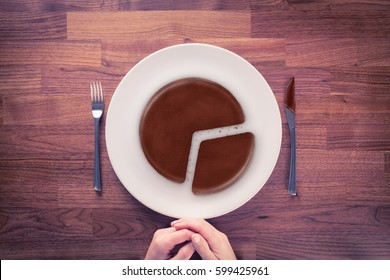 Market Share - Marketing Business Concept. Business Visual Metaphor - Businessman With Plate And Pie Chart With Imitation Of A Chocolate Cake.