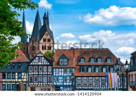 Market square (Obermarkt) in the heart of Gelnhausen with historical half-timbered houses and St. Mary's Church Stock photo © 