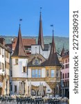 Market square in the old town of Neuchatel, Switzerland