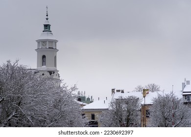 The market square in Ostrowiec Swietokrzyski. Trees under the Snow.Roofs of houses and tree branches covered with snow. Visible tower of the collegiate church of Saint Michael the Archangel.   - Shutterstock ID 2230692397