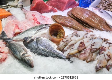 Market stall with fish and seafood seen in Barcelona