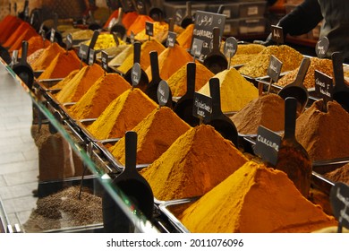 Market Stand Presenting Yellow Spices At The Rotterdam Market Hall