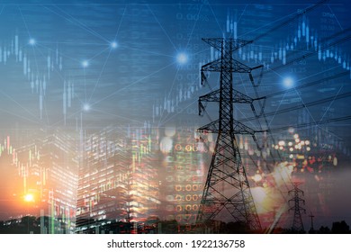 market stock graph   index information and city light   electricity   energy facility industry   business background