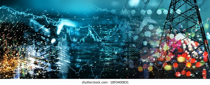 Market Stock Graph And Information With City Light And Electricity And Energy Facility Banner Industry And Business Blue Banner Background