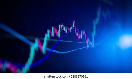 The market volatility of crypto trading with technical price graph and indicator, red and green candlesticks, for analysis up and downtrend. Stock trading, crypto currency background concept.