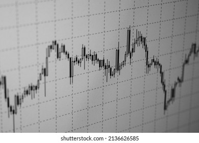 Market And Volume Stock Chart On LCD Screen. Black Candle Stick Chart On A White Background. Financial Market Background. Soft Focus.