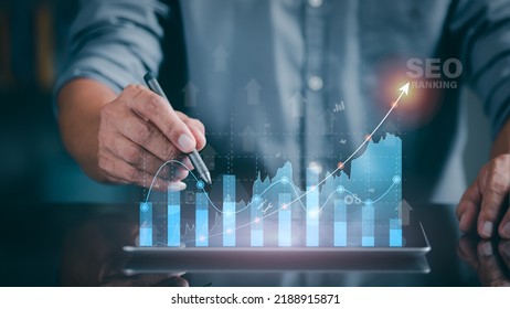 A marketer holds a pen pointing to a graph and shows SEO concepts, optimization analysis tools, search engine rankings, social media sites based on results analysis data.