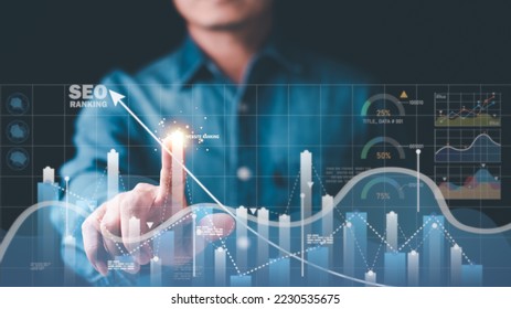 Marketer pointing to graph and showing concept SEO Optimization Analyzer search engine ranking Social media sites based on results analytics data.