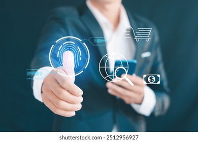  marketer in the process of making an online payment, represented by the approved credit card and network connection icons.