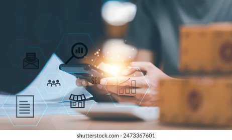 Marketer showing SEO concept ,optimization analysis tools , search engine rankings , social media sites based on results analysis data ,Website Search Optimization ,online marketing strategy
