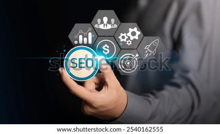 Marketer showing SEO concept ,optimization analysis tools , search engine rankings , social media sites based on results analysis data ,Website Search Optimization ,online marketing strategy