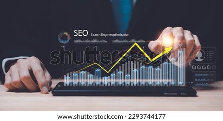 Marketer showing SEO concept,optimization analysis tools, search engine rankings, social media sites based on results analysis data,Website Search Optimization ,Interesting web rankings from visitors