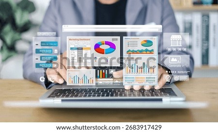 Marketer using digital marketing dashboard with charts, pie graphs, organization chart, and performance data. Concept of business analytics and strategic planning.