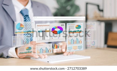 Marketer using digital marketing dashboard with charts, pie graphs, organization chart, and performance data. Concept of business analytics and strategic planning.