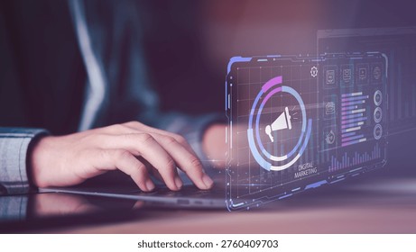 Marketing analyst using laptop to optimize digital campaigns with data analytics, online advertising, SEO strategy, content management, and performance metrics driving scalable e-commerce growth.