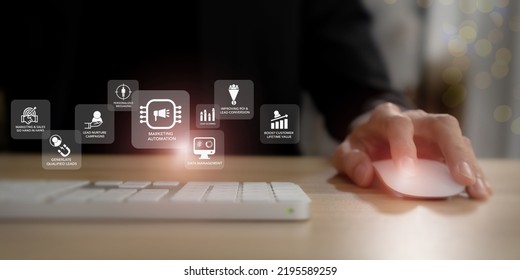 Marketing automation, growth marketing strategy concept. Digital marketing automation tools used for all in one, email marketing, social media, customer journey, pricing, advertising, and loyalty. - Shutterstock ID 2195589259