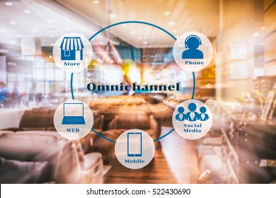 Marketing Data Management Platform And Omnichannel Concept Image. Omnichannel Element Icons On Abstract Furniture Mart Background.