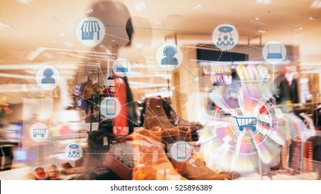 Marketing Data management platform and Omnichannel concept image. Omnichannel element icons on abstract Fashion store background. - Shutterstock ID 525896389