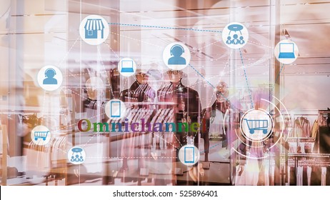 Marketing Data Management Platform And Omnichannel Concept Image. Omnichannel Element Icons On Abstract Fashion Store Background.