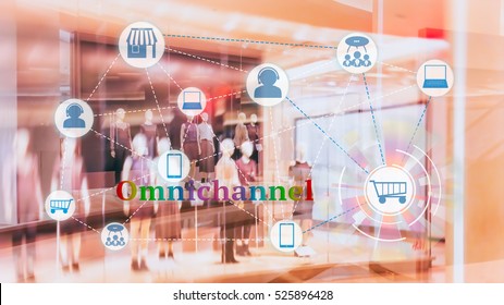 Marketing Data Management Platform And Omnichannel Concept Image. Omnichannel Element Icons On Abstract Fashion Store Background.